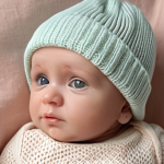 ** A baby wearing a soft, organic cotton beanie. The beanie is a light, pastel colour. The baby has clear, healthy skin. Focus on the texture of the organic cotton fabric.

**