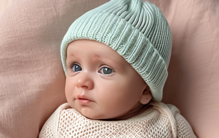 ** A baby wearing a soft, organic cotton beanie. The beanie is a light, pastel colour. The baby has clear, healthy skin. Focus on the texture of the organic cotton fabric.
**