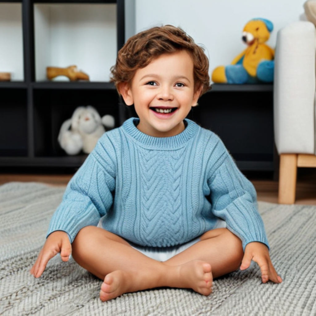 A happy child, approximately 4 years old, with a joyful expression, fully clothed in a soft, light blue, organic cotton sweater. The sweater is of modest clothing and features correct proportions, ensuring comfortable movement. The child is gently sitting on a plush rug, surrounded by soft toys in a warmly lit, family-friendly living room. The image should capture perfect anatomy, well-formed hands, and natural body proportions, emphasizing appropriate content and a safe for work scene. Professional photography, high quality.