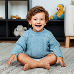A happy child, approximately 4 years old, with a joyful expression, fully clothed in a soft, light blue, organic cotton sweater. The sweater is of modest clothing and features correct proportions, ensuring comfortable movement. The child is gently sitting on a plush rug, surrounded by soft toys in a warmly lit, family-friendly living room. The image should capture perfect anatomy, well-formed hands, and natural body proportions, emphasizing appropriate content and a safe for work scene. Professional photography, high quality.
