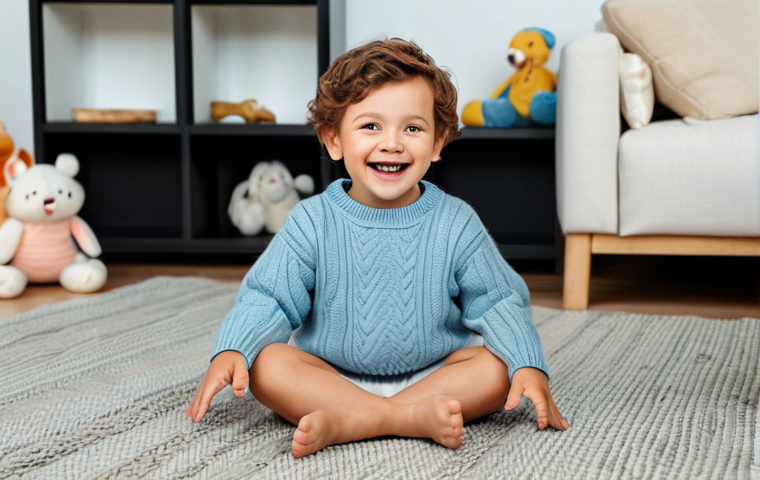 A happy child, approximately 4 years old, with a joyful expression, fully clothed in a soft, light blue, organic cotton sweater. The sweater is of modest clothing and features correct proportions, ensuring comfortable movement. The child is gently sitting on a plush rug, surrounded by soft toys in a warmly lit, family-friendly living room. The image should capture perfect anatomy, well-formed hands, and natural body proportions, emphasizing appropriate content and a safe for work scene. Professional photography, high quality.
