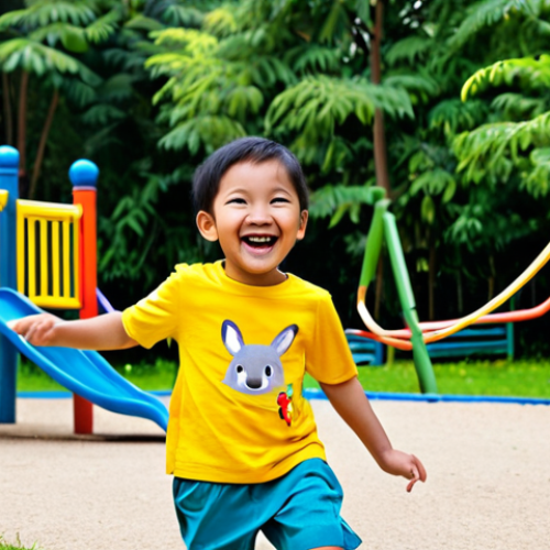 A joyful Malaysian child, approximately 5 years old, fully clothed in a vibrant and modest Bebedepino outfit. The child wears a soft, breathable cotton t-shirt featuring a playful forest animal illustration, paired with durable, comfortable shorts. The scene captures the child actively running and laughing freely on a sunny, modern playground, surrounded by lush green trees and colorful play equipment. The image emphasizes the child's comfort and unhindered movement, showcasing the clothing's quality and style. The setting is bright and inviting, reflecting a happy childhood. safe for work, appropriate content, fully clothed, appropriate attire, family-friendly, perfect anatomy, correct proportions, natural pose, well-formed hands, proper finger count, natural body proportions.