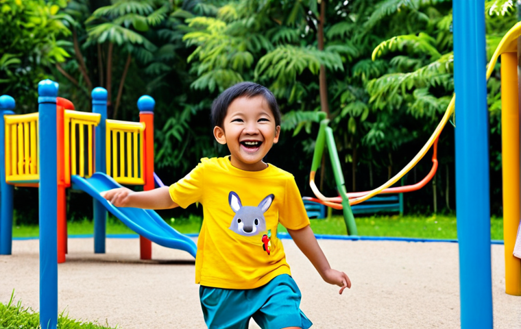 A joyful Malaysian child, approximately 5 years old, fully clothed in a vibrant and modest Bebedepino outfit. The child wears a soft, breathable cotton t-shirt featuring a playful forest animal illustration, paired with durable, comfortable shorts. The scene captures the child actively running and laughing freely on a sunny, modern playground, surrounded by lush green trees and colorful play equipment. The image emphasizes the child's comfort and unhindered movement, showcasing the clothing's quality and style. The setting is bright and inviting, reflecting a happy childhood. safe for work, appropriate content, fully clothed, appropriate attire, family-friendly, perfect anatomy, correct proportions, natural pose, well-formed hands, proper finger count, natural body proportions.