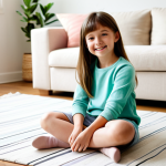 A happy young girl, perhaps 6-8 years old, wearing a soft, light, and modern Beanpole Kids-style outfit, made of premium cotton in a pastel color. She is fully clothed in modest and appropriate attire. She sits comfortably on a plush rug in a brightly lit, cozy living room, engrossed in drawing in a sketchbook. The scene emphasizes a serene and comfortable atmosphere. safe for work, appropriate content, fully clothed, family-friendly, perfect anatomy, correct proportions, natural pose, well-formed hands, proper finger count, natural body proportions, professional photography, high quality, soft studio lighting.
