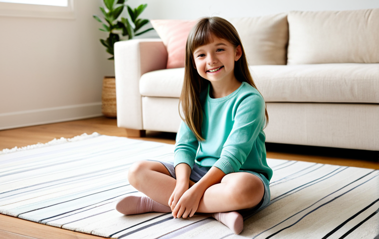 A happy young girl, perhaps 6-8 years old, wearing a soft, light, and modern Beanpole Kids-style outfit, made of premium cotton in a pastel color. She is fully clothed in modest and appropriate attire. She sits comfortably on a plush rug in a brightly lit, cozy living room, engrossed in drawing in a sketchbook. The scene emphasizes a serene and comfortable atmosphere. safe for work, appropriate content, fully clothed, family-friendly, perfect anatomy, correct proportions, natural pose, well-formed hands, proper finger count, natural body proportions, professional photography, high quality, soft studio lighting.